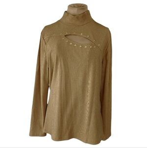 INC Ribbed‎ Mock Neck Cutout Studded Long Sleeve Tan Top Women's XL
